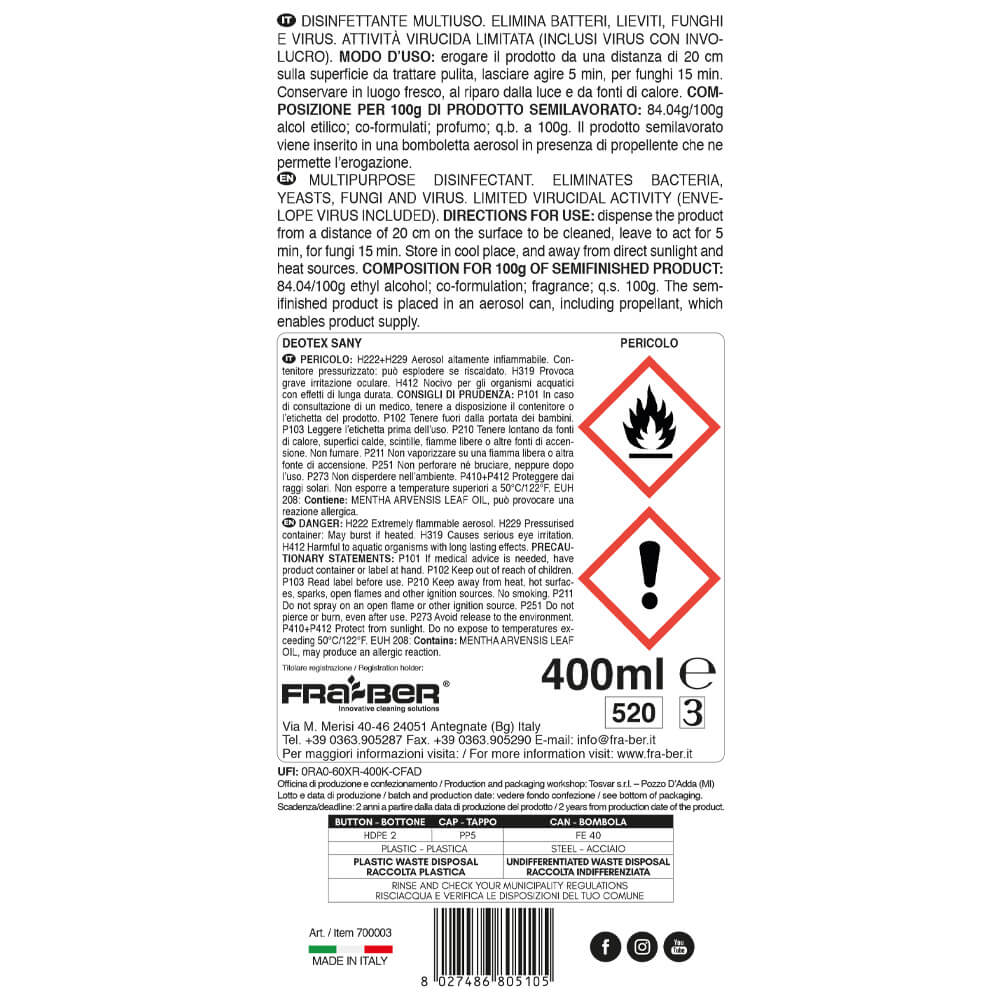Deotex Sany di Fra-Ber Spray Disinfettante Multiuso