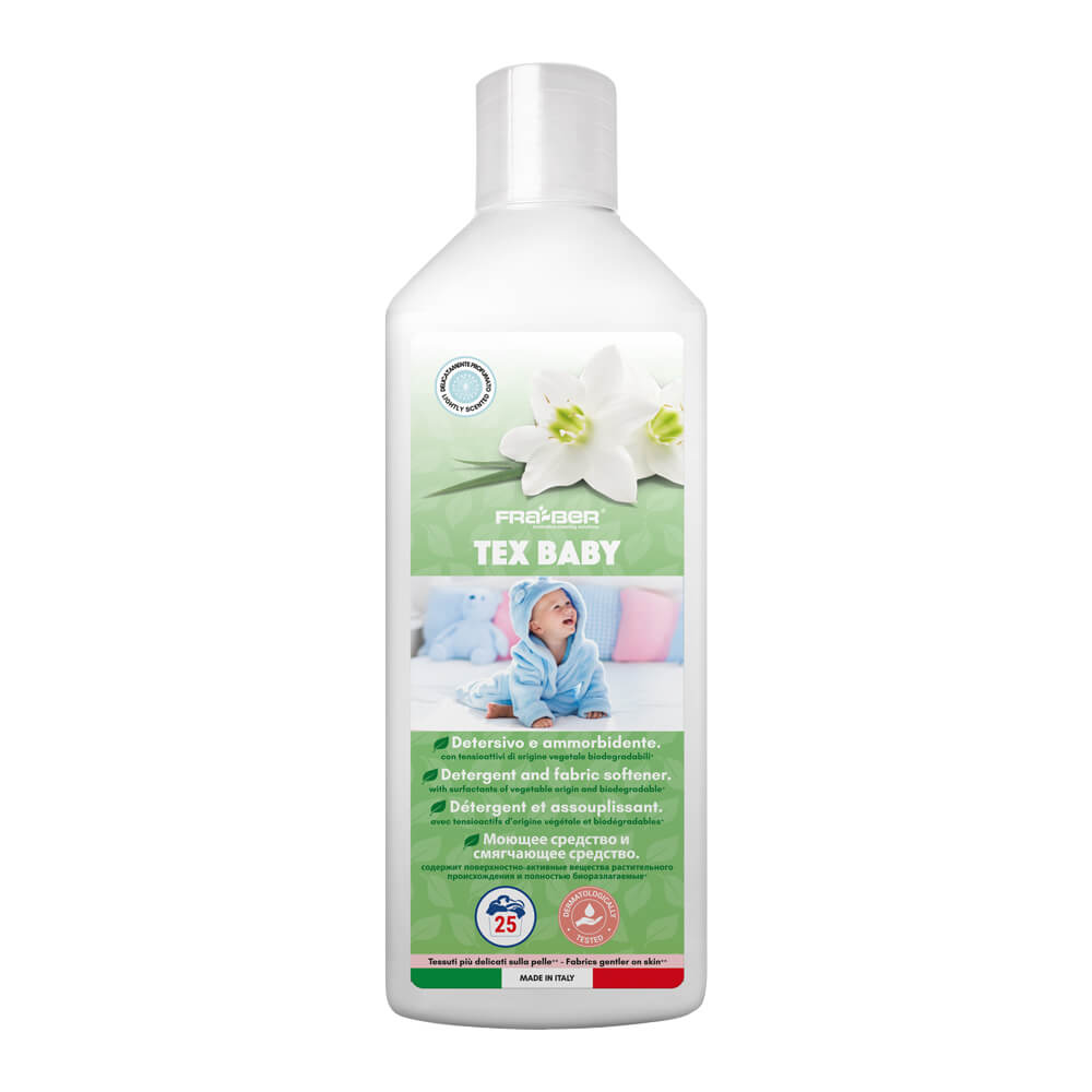 Fra-Ber's Tex Baby: The Detergent and Fabric Softener for Babies and Sensitive Skin.