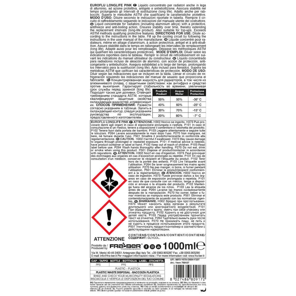 Liquido Radiatore Rosso Auto Euroflu Long Life Fra-Ber Liquido Radiatore Rosso Auto Euroflu Long Life Fra-Ber